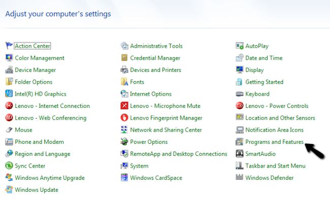 program and features